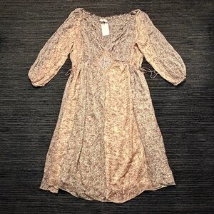 NWT Zara Size Xl Beige/Multi Floral Print Sheer Balloon Sleeve Tie Waist Dress